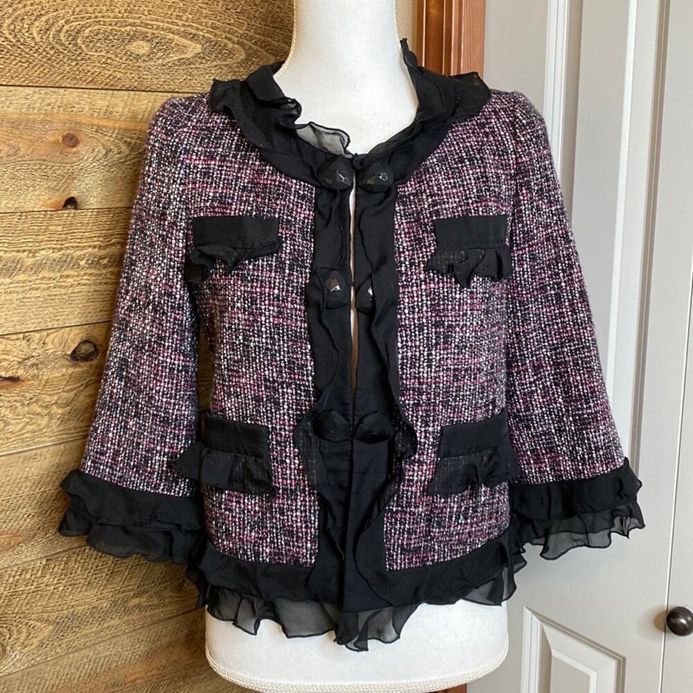 Rebecca Taylor Tweed Jacket Black Pink Silk Round Neck Ruffle Trim Size 6